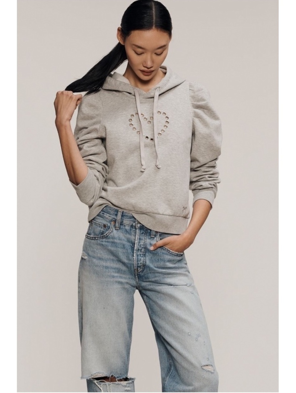 NWOT Maeve Anthropologie gray puff sleeve grommet heart hoodie sweatshirt M